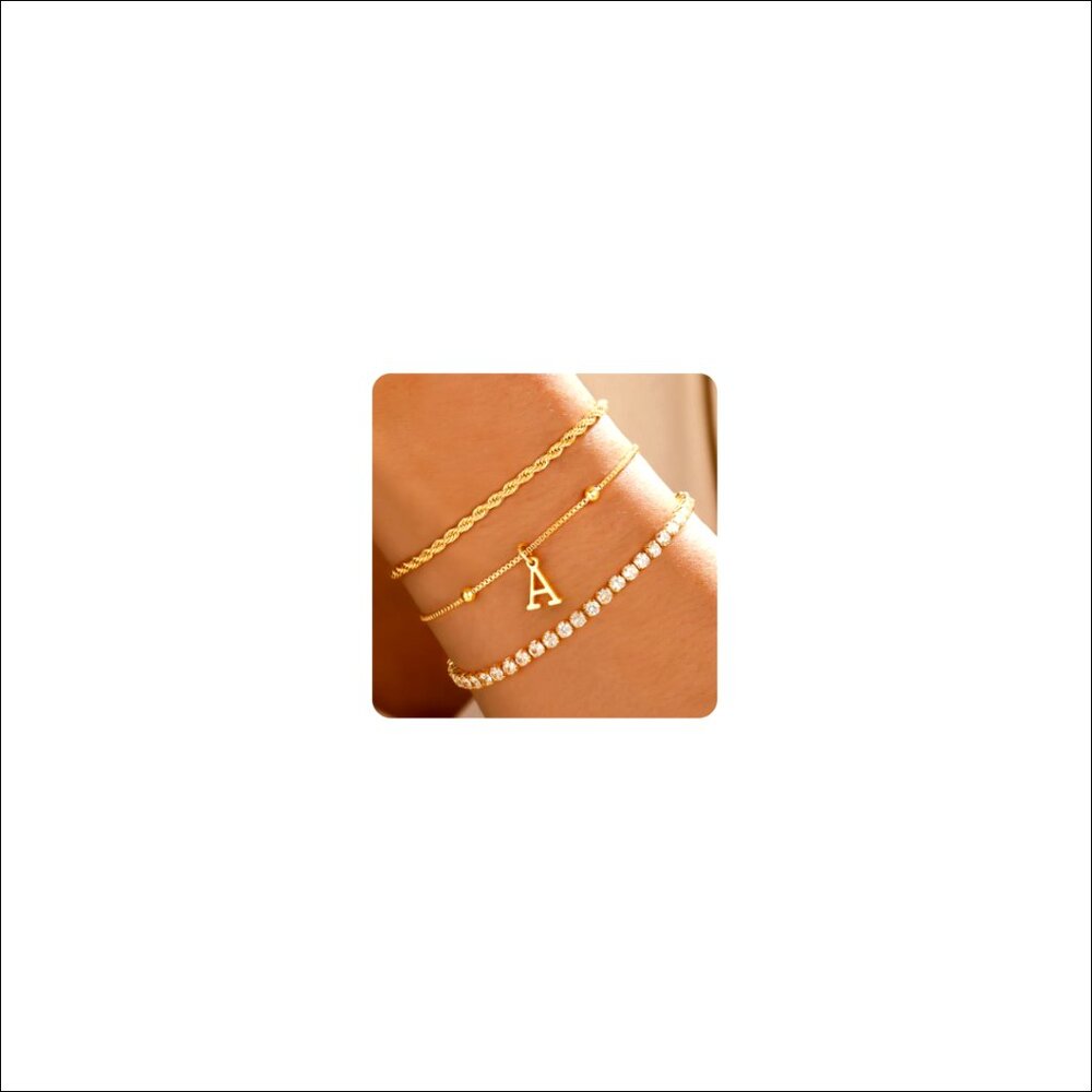 Adjustable Gold Plated Bracelet Set with Initial Charm and Tennis Chain